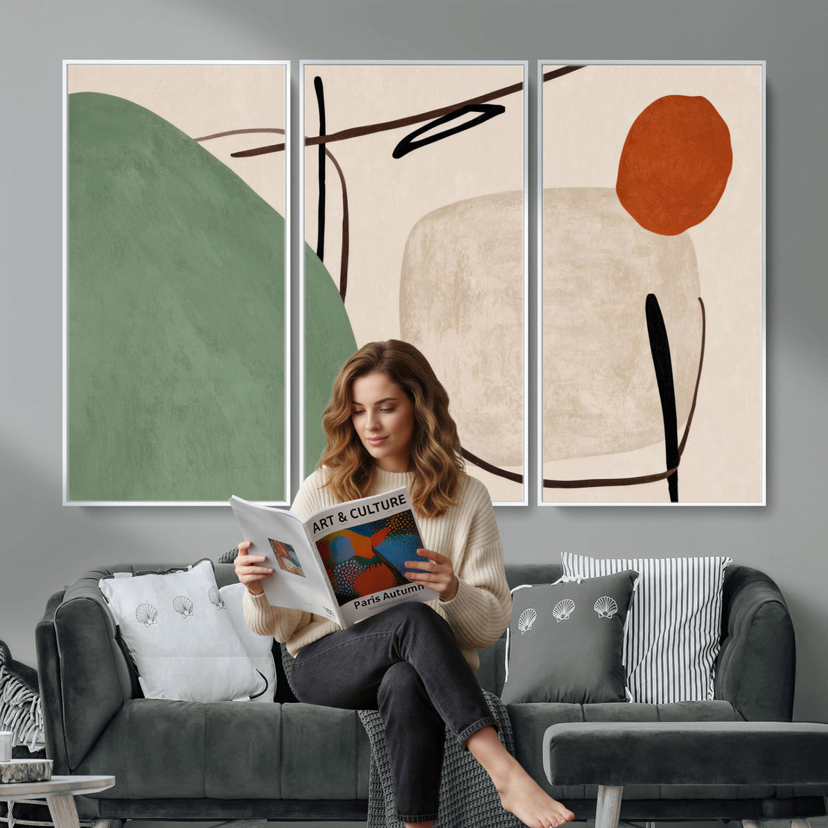 46798824-MGV-CV-48X32-3P - Mid Century Modern Geometric Canvas Wall Art, Abstract Triptych Print