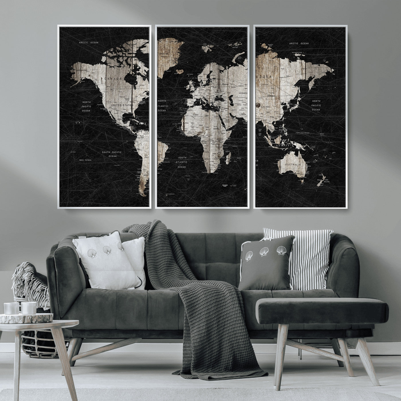 89998-MGV-CV-36X24-Rustic Black and Wood World Map Canvas Wall Art – Framed Push Pin Travel Map for Home and Office Decor, Modern Vintage Wall Artwork