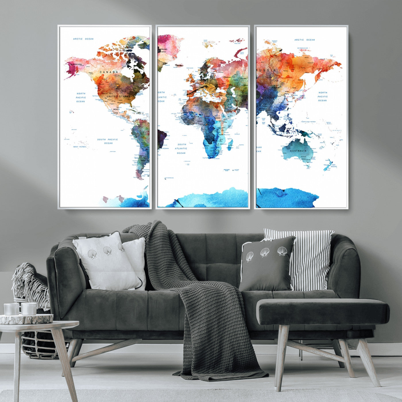11576-MGV-CV-36X24-Vibrant Watercolor World Map Canvas Wall Art – Framed Push Pin Travel Map for Home and Office Decor, Modern Colorful Wall Artwork