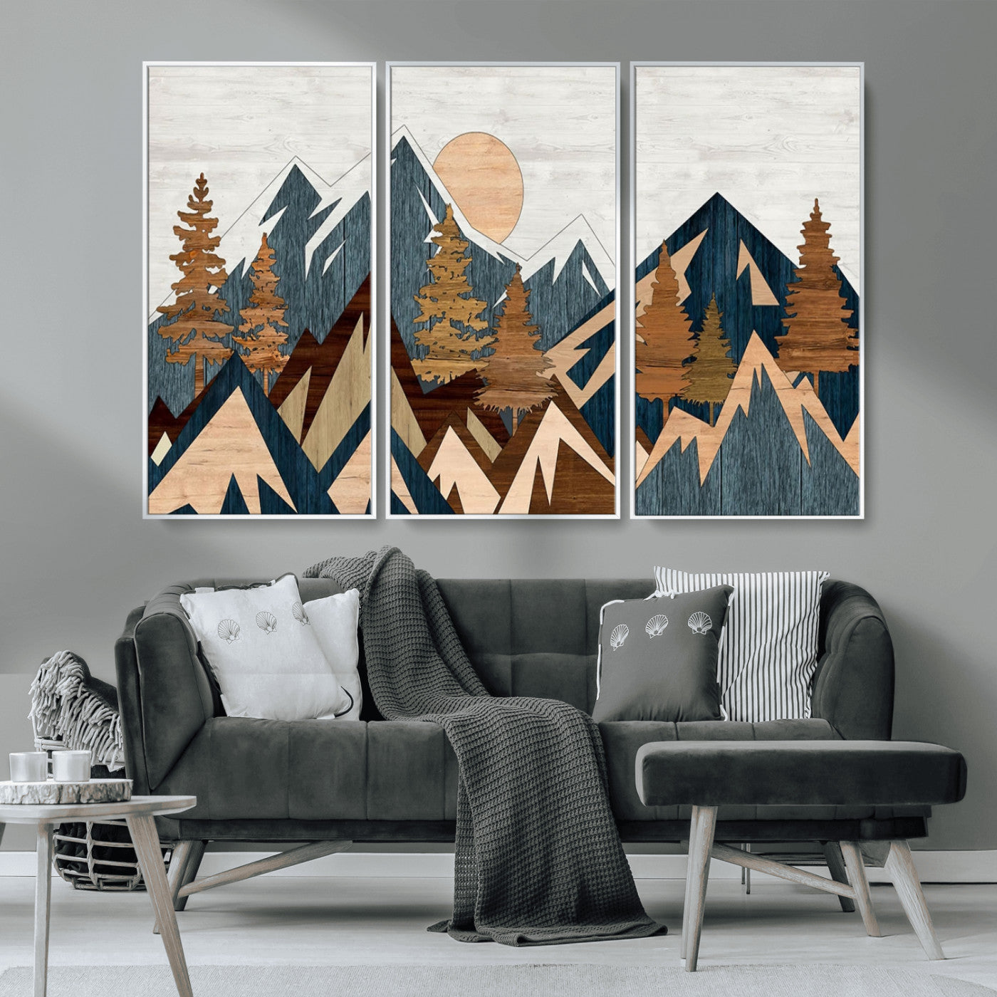 91467-MGV-CV-36X24-Abstract Wood Panel Effect Mountain Range Top Wall Art Canvas Print