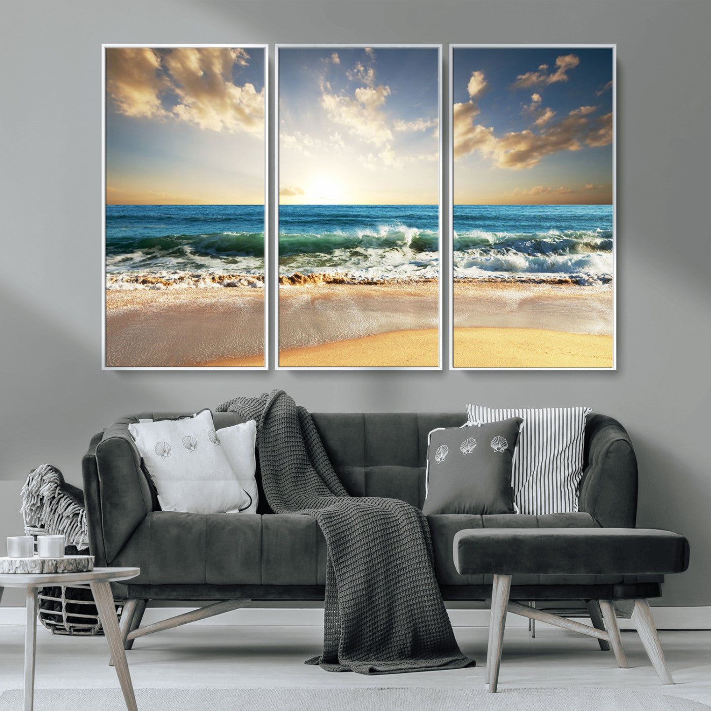 83376-MGV-FC-48X32-3P_White-Golden Sunset Beach Triptych Canvas Wall Art for Living Room – 3-Panel Ocean View, Framed & Ready to