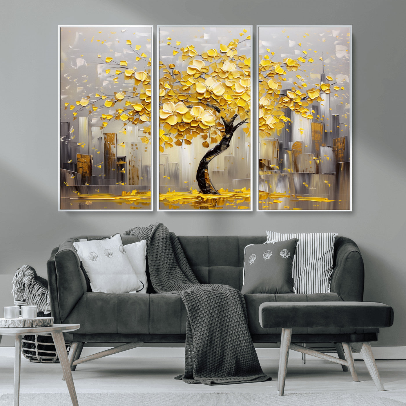 45538-MGV-FC-48X32-3P_White-Golden Tree Canvas Print | Abstract Wall Art for Modern Homes | Ready to Hang Framed Artwork