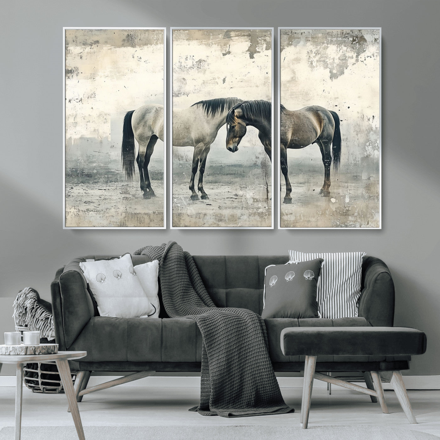 -Chines Style Majestic Horses Wall Art | Ready to Hang and Framed Triptych Print | Western Farmhouse