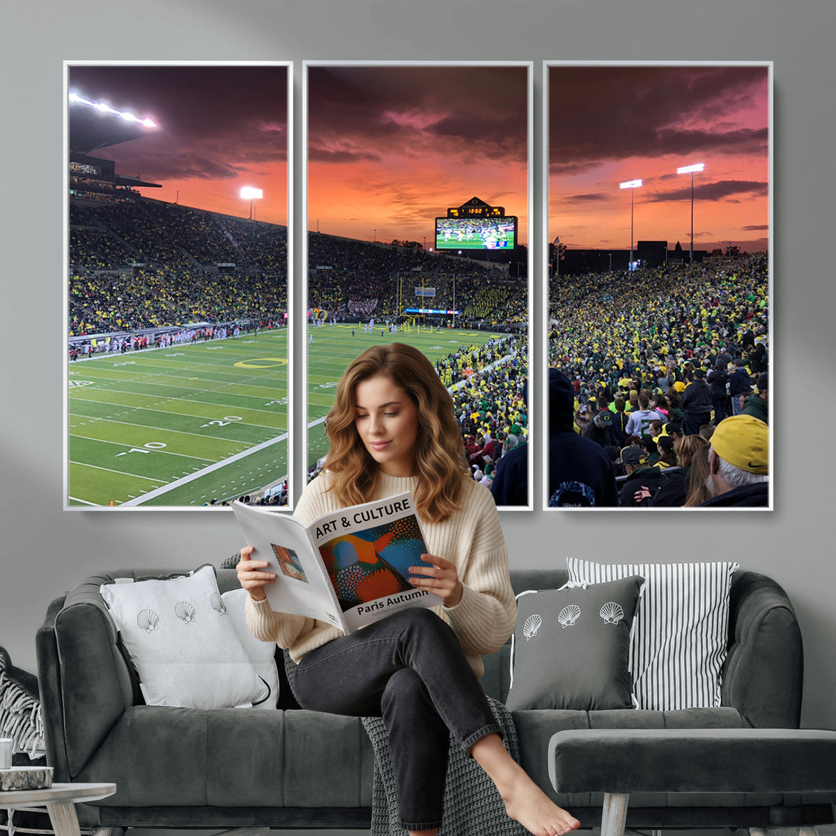 75065-PAN-FL-20X10 - Eugene Autzen Stadium Canvas Wall Art Print – Sunset Over Iconic Football Field Wall Decor for Home
