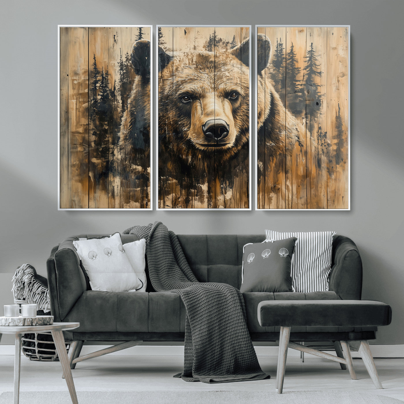 -Majestic Grizzly 399 Bear Wall Art | 3-Panel Rustic Canvas Print for Living Room, Office, or Cabin