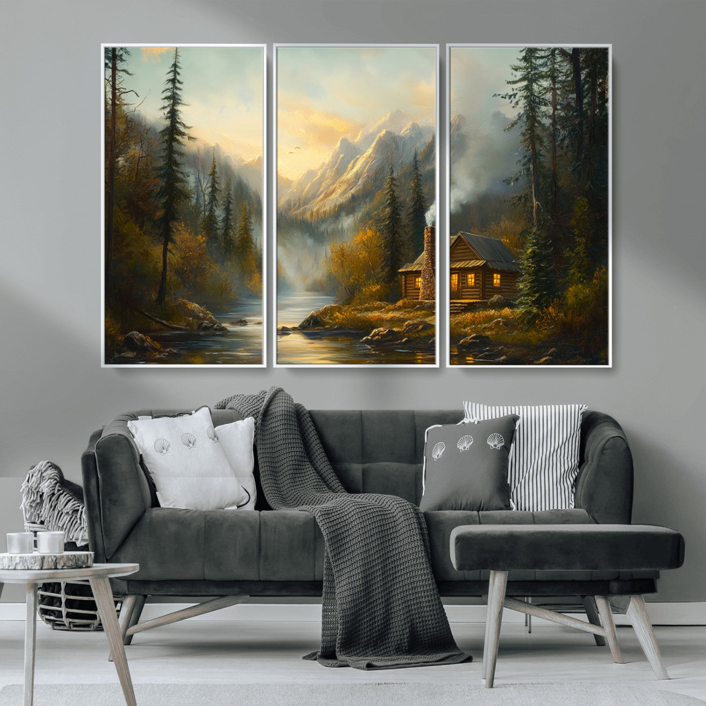 76464-MGV-CV-36X24-Wood Cabin Retreat Mountain at Sunset Wall Art Print - Serene Forest and River Landscape Wall Art