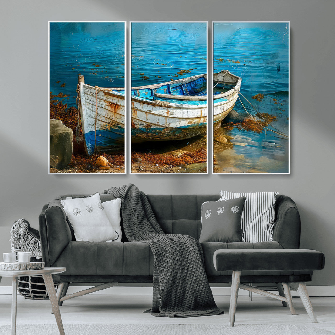 54716-MGV-CV-36X24-Vintage Boat on Tranquil Waters | Coastal Wall Art for Nautical Decor | Rustic Triptych Canvas Print