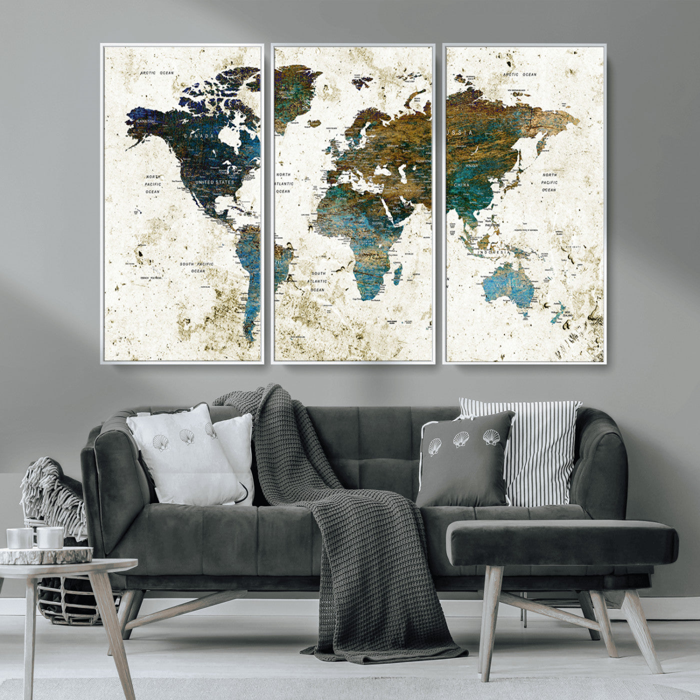 89176-MGV-CV-36X24-Vintage Blue and Brown World Map Canvas Wall Art – Framed Rustic Map Print, Earth Tone Travel Decor for Stylish Home and Office Walls