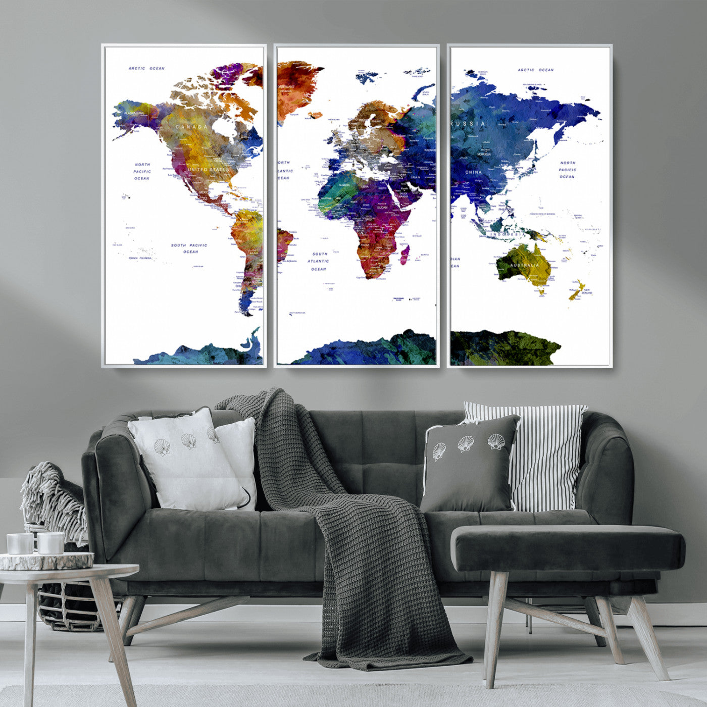 90446-MGV-CV-36X24-Colorful Watercolor World Map Canvas Wall Art – Framed Modern Push Pin Travel Map for Home and Office Decor