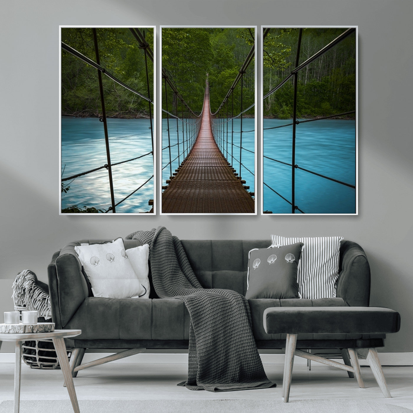 -Suspension Bridge Over River Canvas Art | 3-Panel Nature Photography | Scenic Wall Art for Living