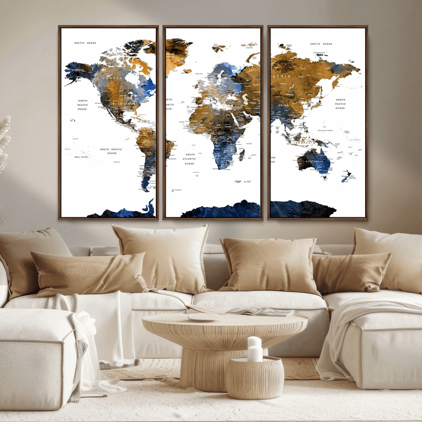 56231-MGV-CV-36X24-Navy and Gold World Map Canvas Wall Art – Framed Modern World Map Print, Elegant Travel Inspired Artwork for Home and Office Decor