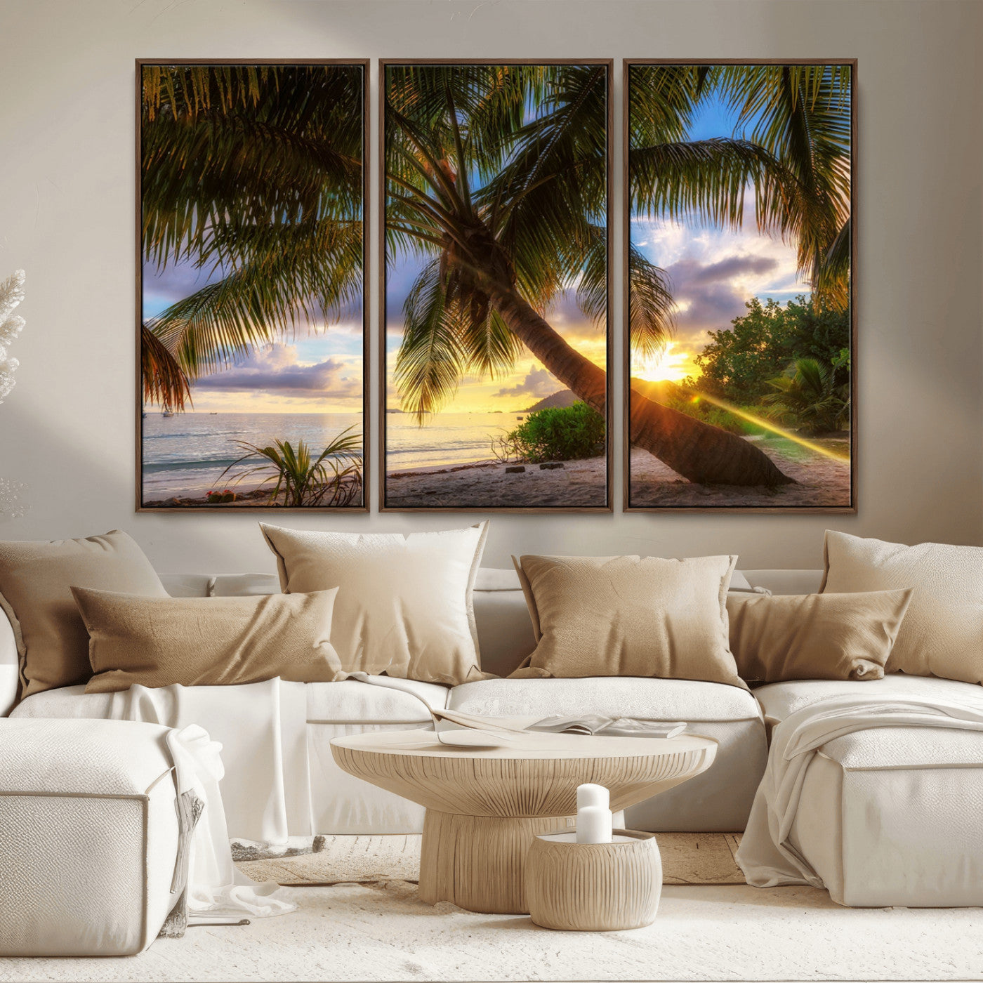 -Tropical Island Sunset on the Beach Palms Wall Art Canvas Print