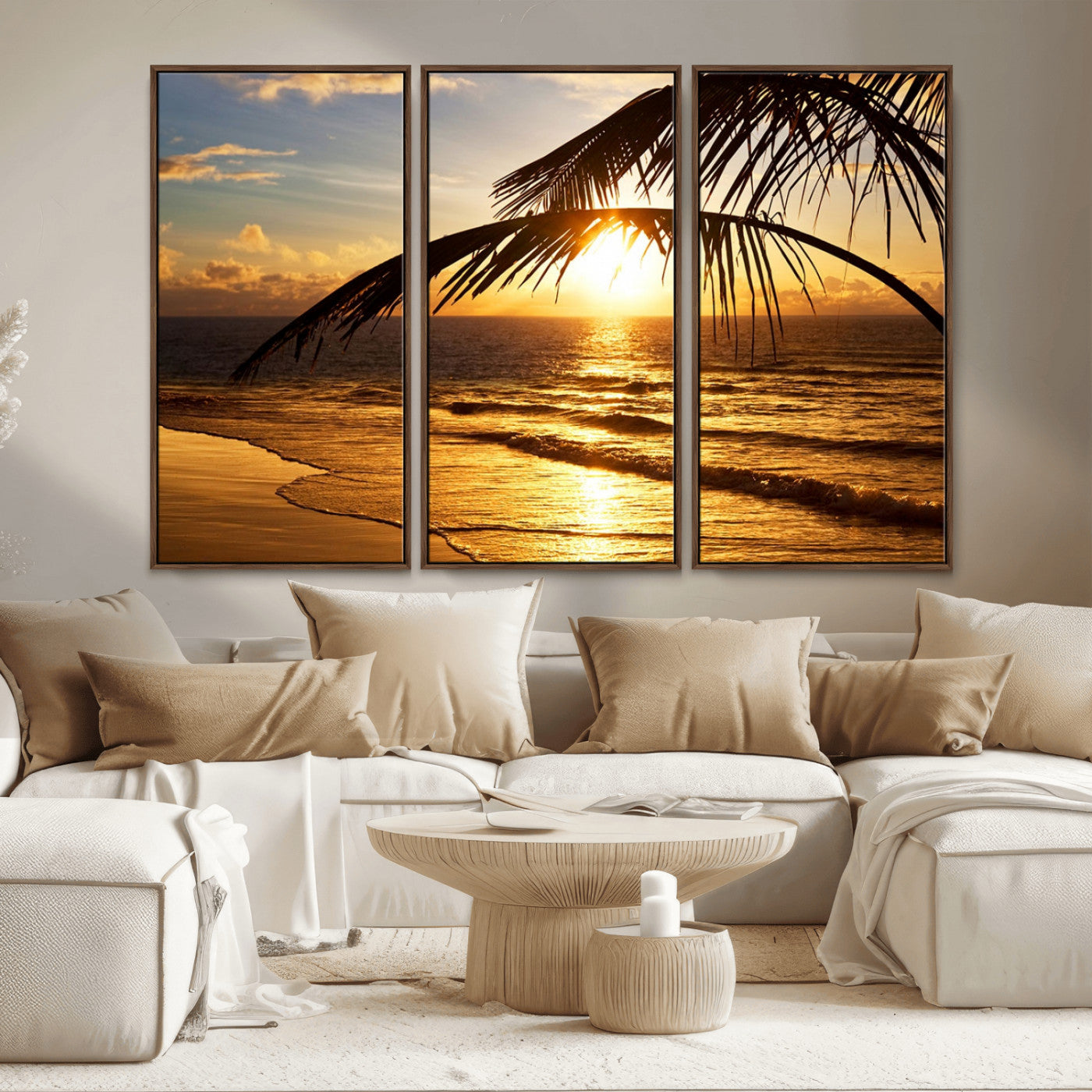 -Golden Tropical Beach Sunset Canvas Triptych, Coastal Palm Tree Wall Art, Ocean Shoreline Giclee