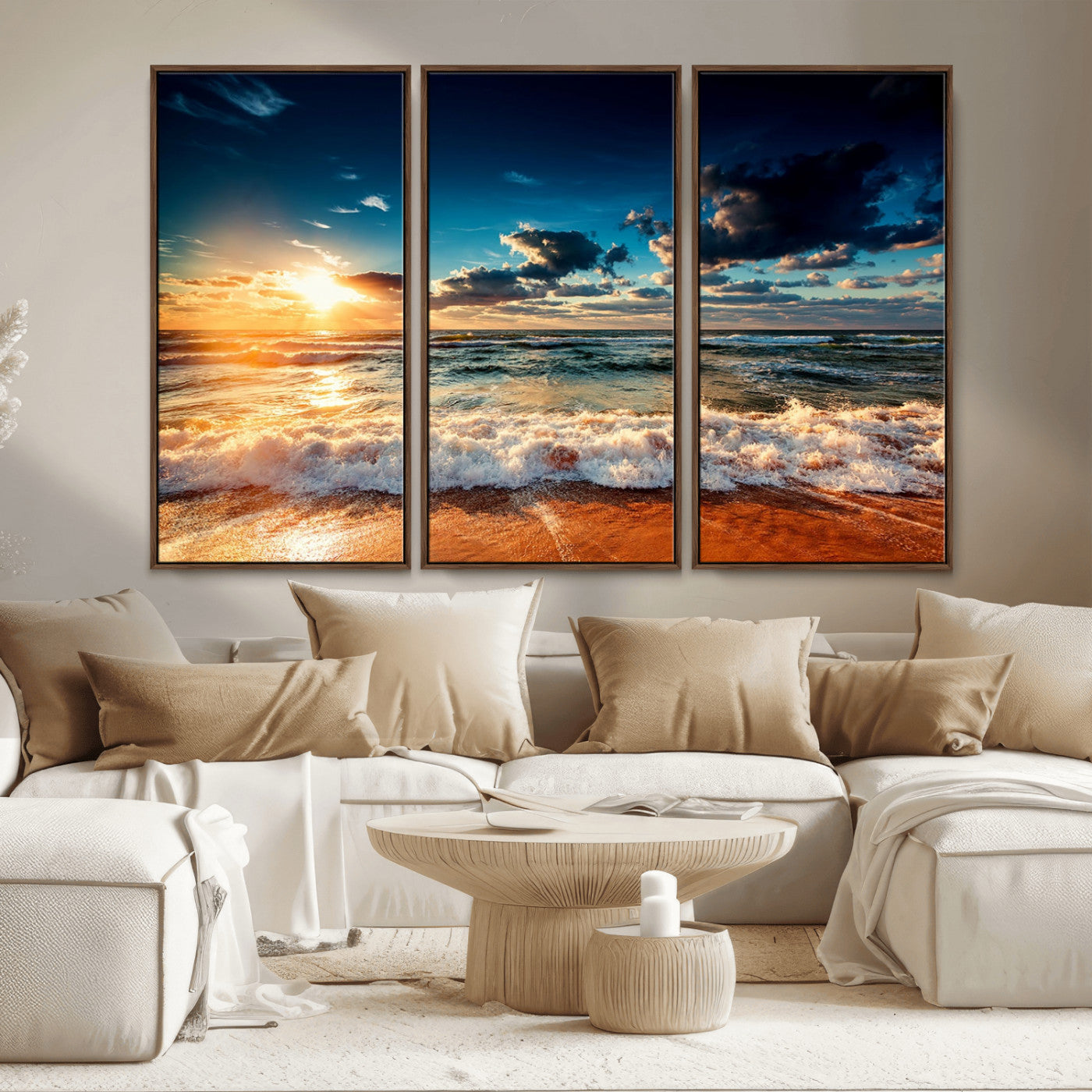 -Golden Hour Sunset Over Ocean Waves Wall Art Canvas Print | 3 Panel Coastal Landscape Canvas Wall