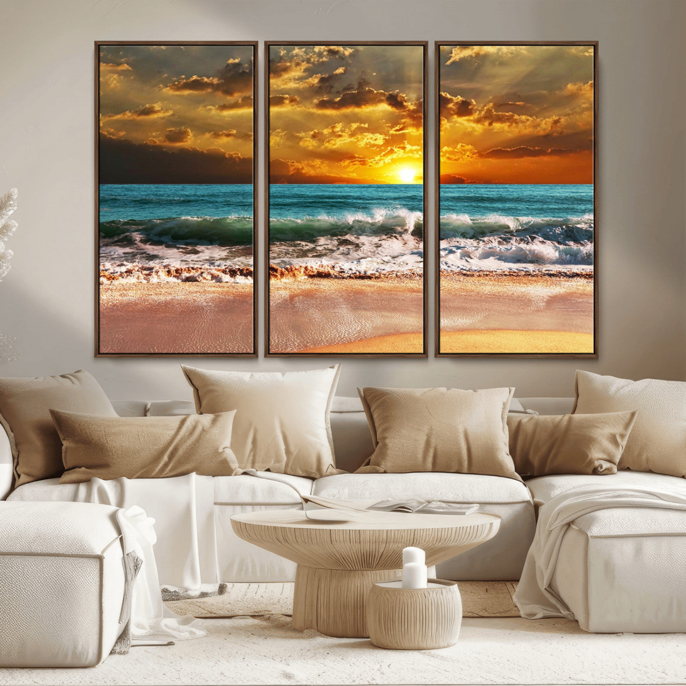 16495-MGV-CV-36X24-Golden Sunset Beach Canvas Wall Art – Triptych Seascape Print – Framed and Ready to Hang for Living