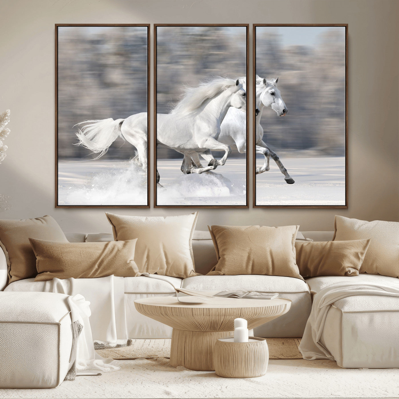 30973-MGV-FC-48X32-3P_Walnut-The White Horses Wall Art, Framed White Horses Wall Art Canvas Print