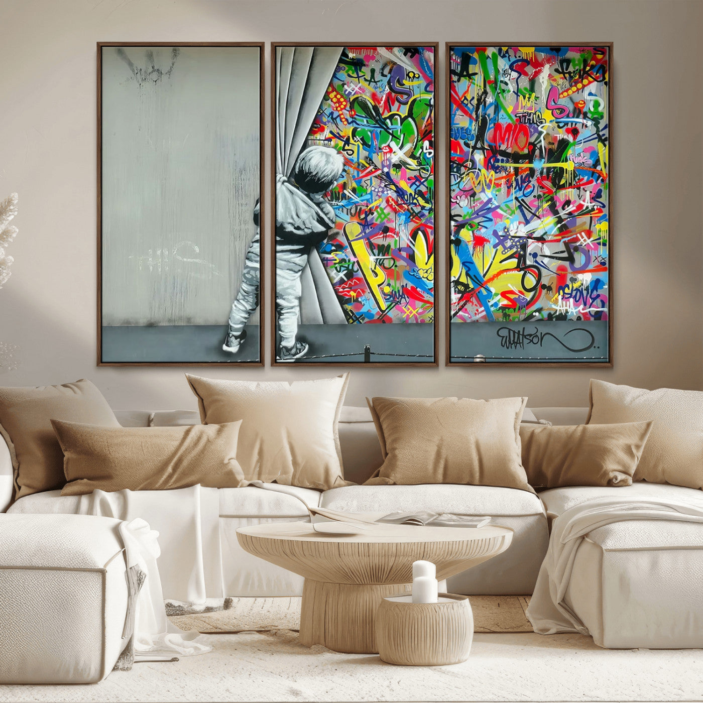 51713-MGV-CV-36X24-Banksy Colorful Street Graffiti Canvas Wall Art Print, Modern Art Triptych, Child and Graffiti Wall,