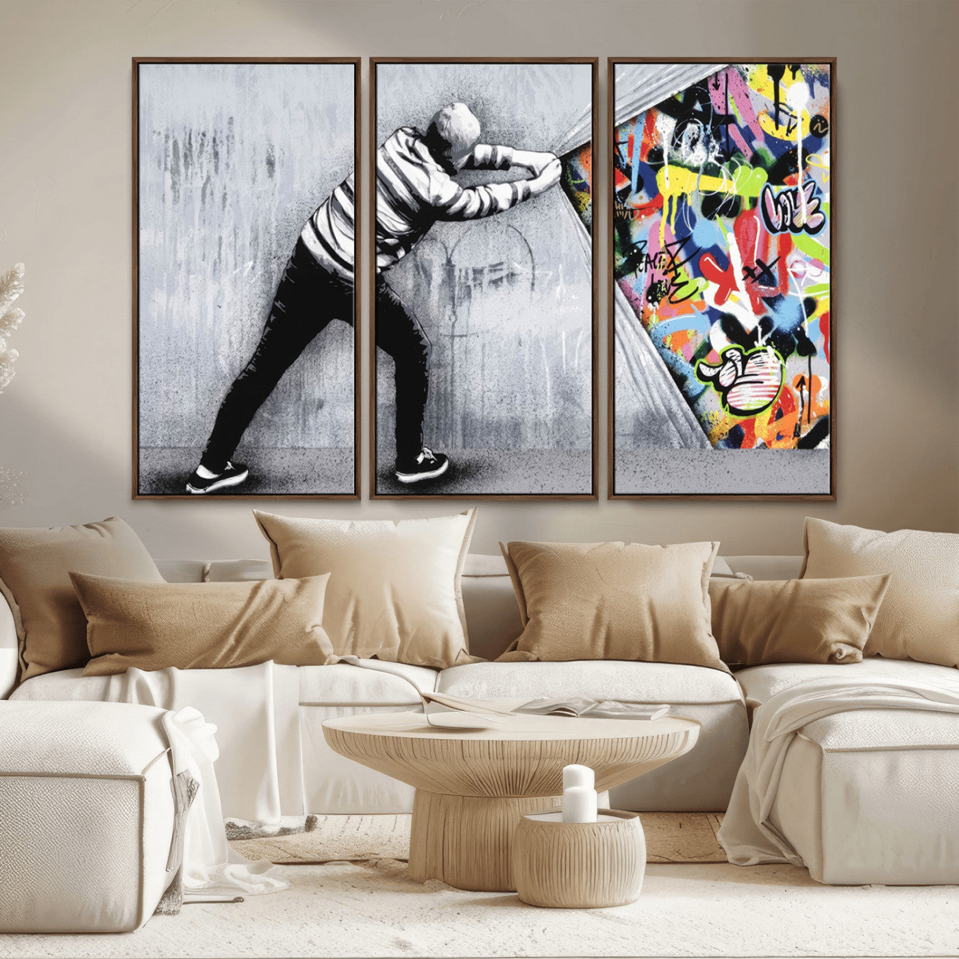 52252-MGV-CV-36X24-Banksy Art Behind the Curtain Street Wall Art Canvas Print | 3-Panel Urban Graffiti-Inspired Wall