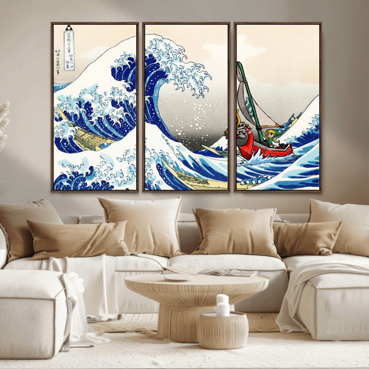19450-MGV-FC-48X32-3P_Walnut-Katsushika Hokusai Kanagawa Giant Wave Wall Art Canvas Print | Iconic Japanese Art for Living Room