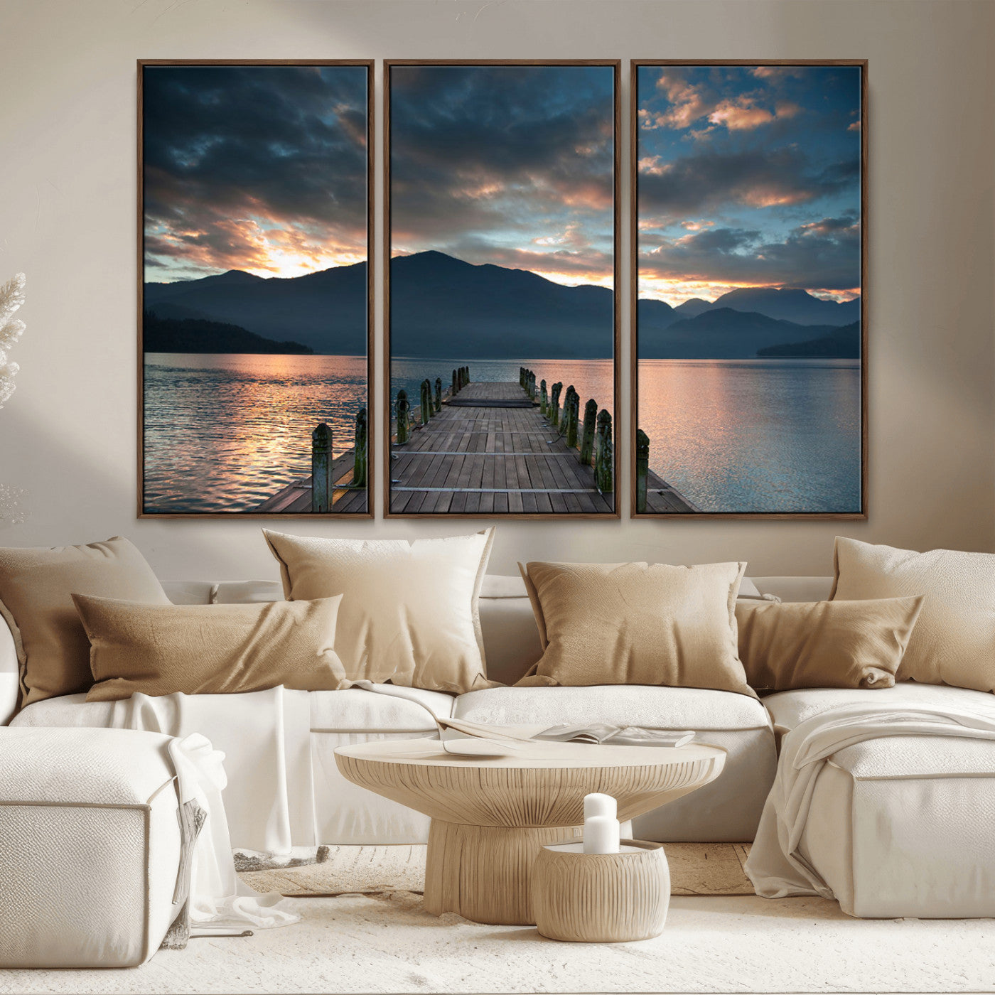 -Mountain Lake Wood Pier Canvas Wall Art Nature Lake Print