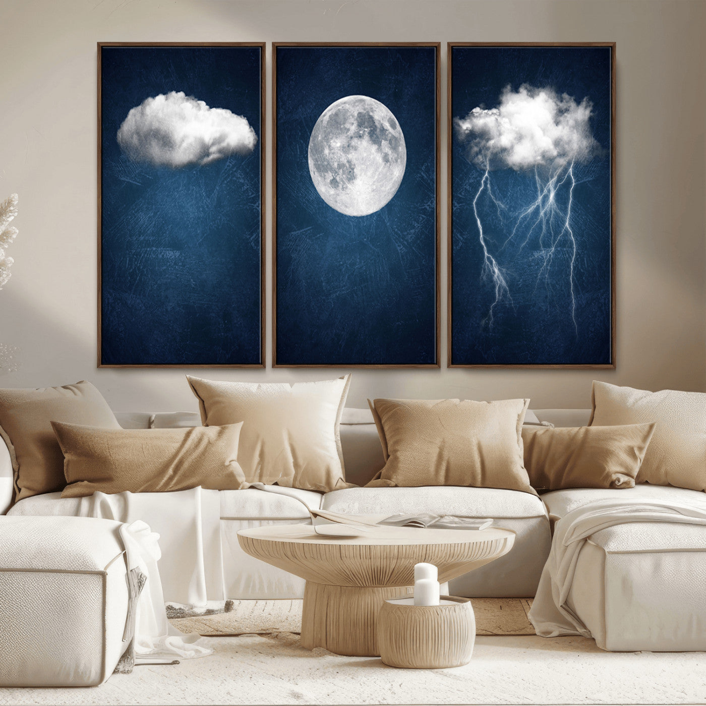 96569-MGV-CV-36X24-Dark Blue Cloud Art, 3 Piece Indigo Blue Wall Art, Aesthetic Surreal Art, Thunderstorm Moon Cloud