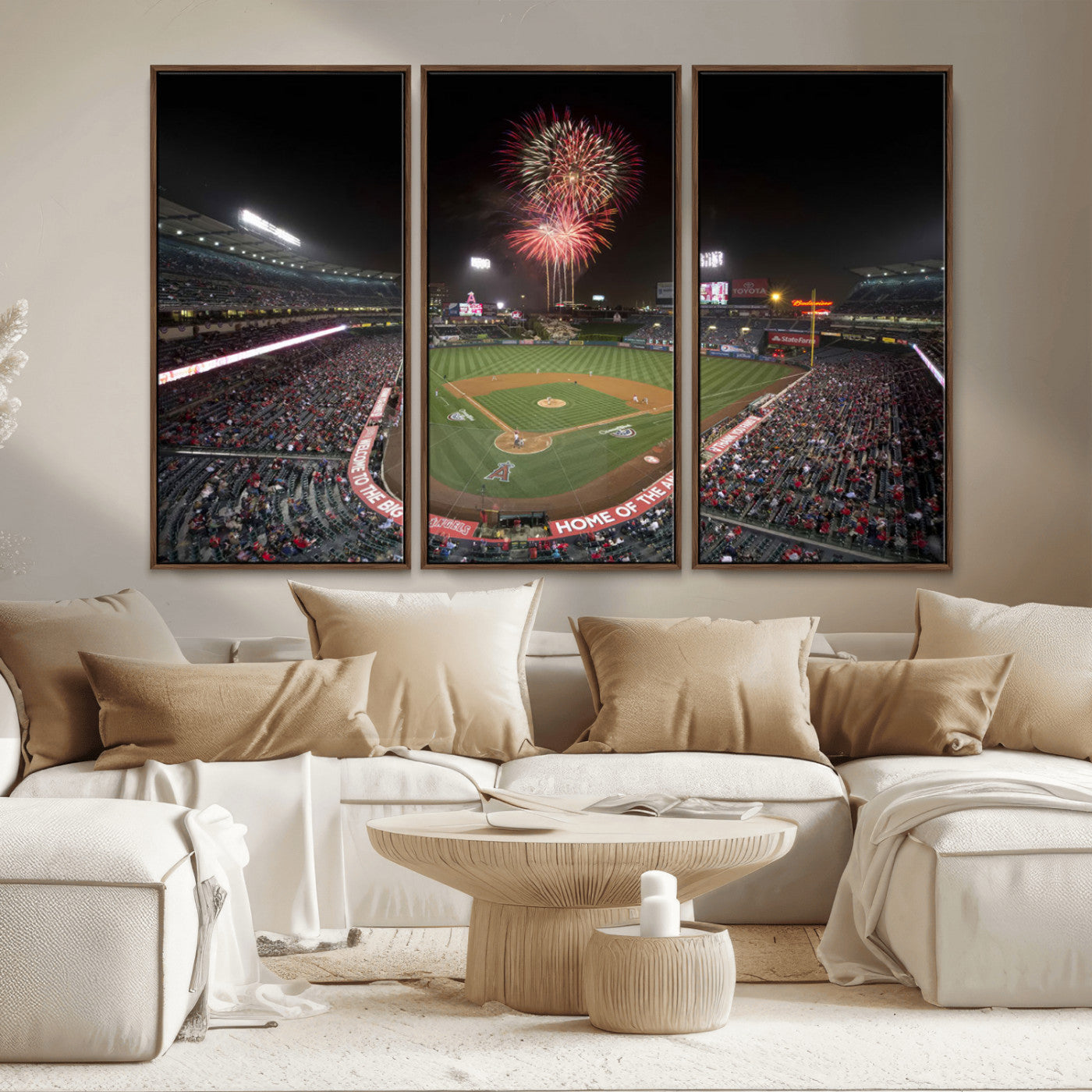63592-MGV-FC-48X32-3P_Walnut-Fireworks at Angel Stadium – Los Angeles Angels Canvas Print, Framed Los Angeles Angels Wall Art