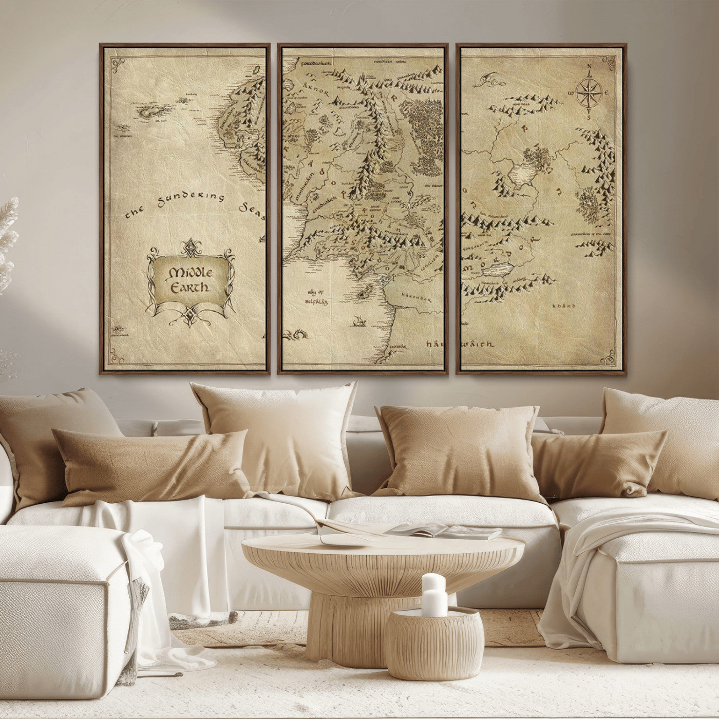21784-MGV-CV-36X24-Vintage Middle Earth Map Wall Art Canvas – Lord of the Rings Inspired Framed Map Print, Classic Fantasy Decor for Home, Office