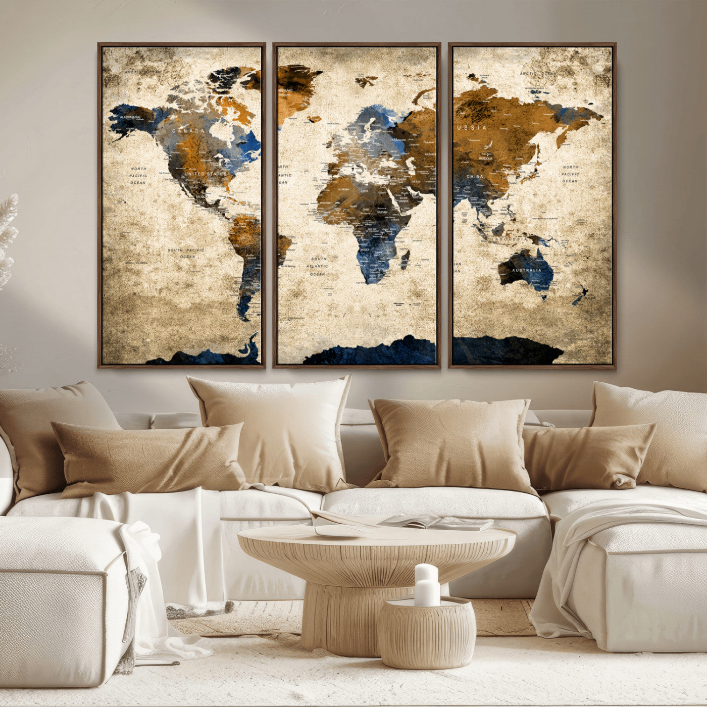 51140-MGV-CV-36X24-World Map Wall Art – Rustic Earth Tone Canvas Print, Antique Travel Map Design for Living Room, Office or Study, Classic Adventure Decor