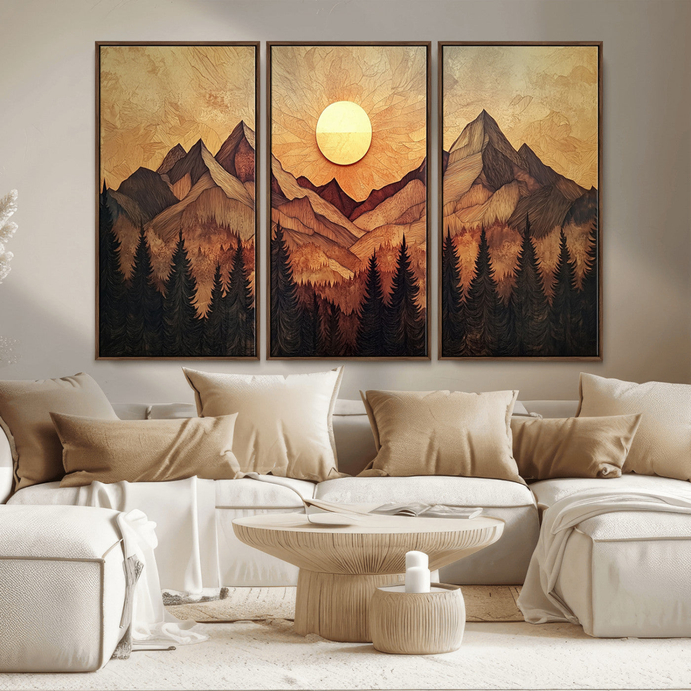 71340-MGV-CV-36X24-Wood Style Abstract Mountain Sunset Canvas Wall Art Print - Warm Earth Nature-Inspired Decor for