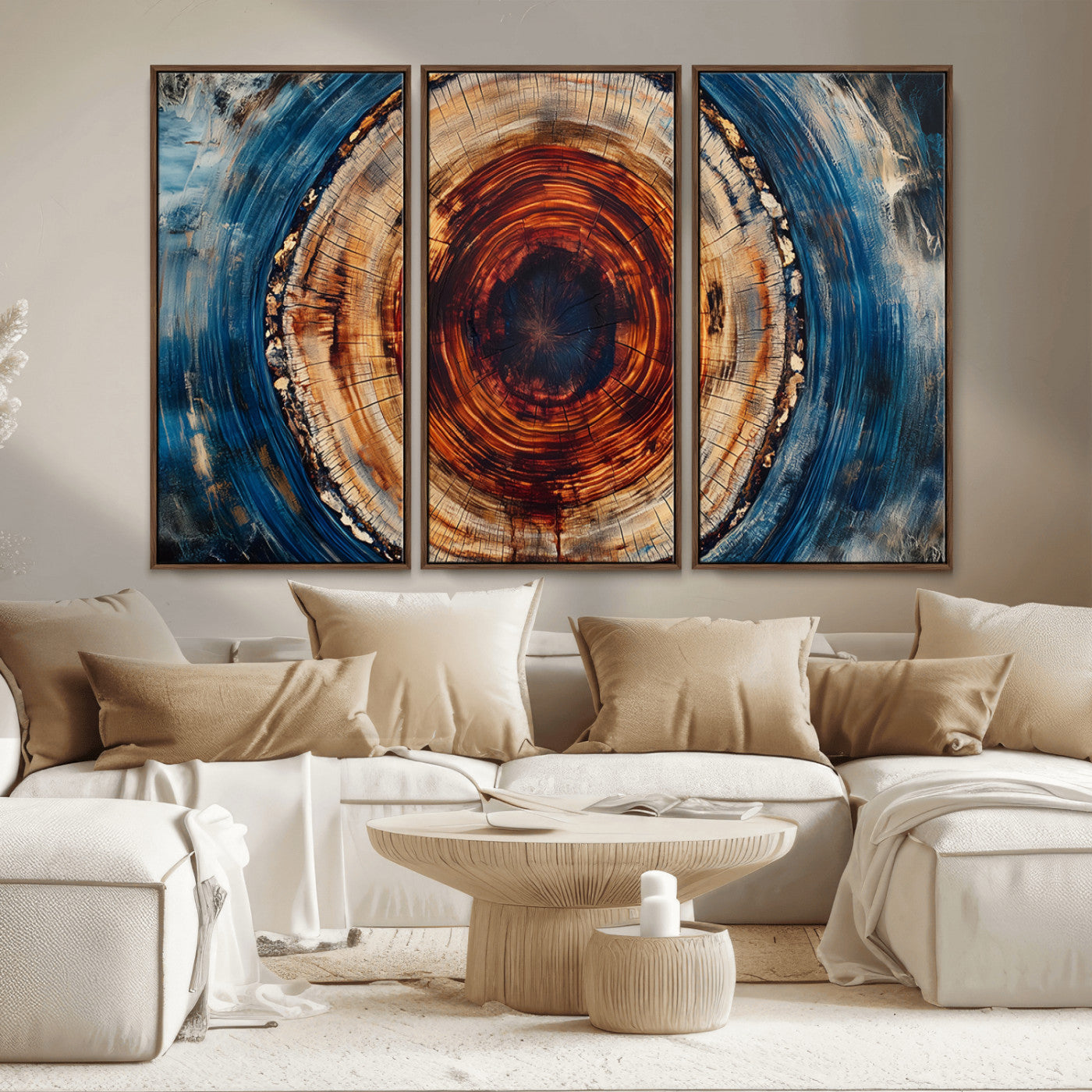 90395-MGV-FC-48X32-3P_Walnut-Abstract Framed Tree Rings Wall Decor, Wood Grain Rings Artwork Print, Nature Woodland Modern Wall