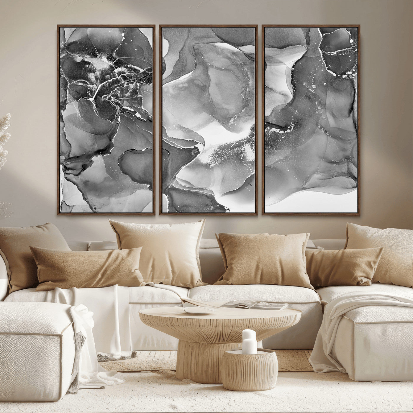 15911-MGV-FC-48X32-3P_Walnut-Black White Abstract Canvas Wall Art - Fluid Ink Artwork - Modern Luxury Wall Decor for Contemporary
