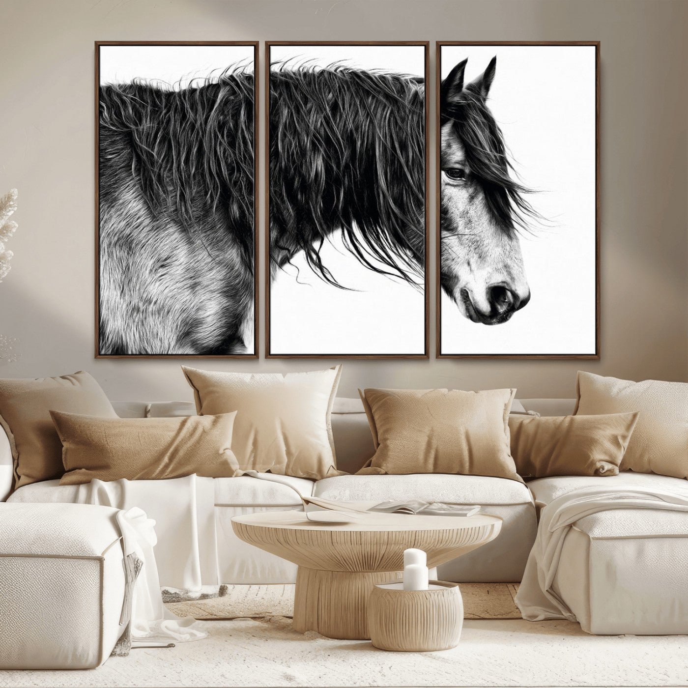 MGV-FC-48X32-3P - Majestic Horse Wall Art – Black and White Canvas Print, Graceful Animal Portrait, Elegant Wildlife Decor for Home, Office or Guest Room