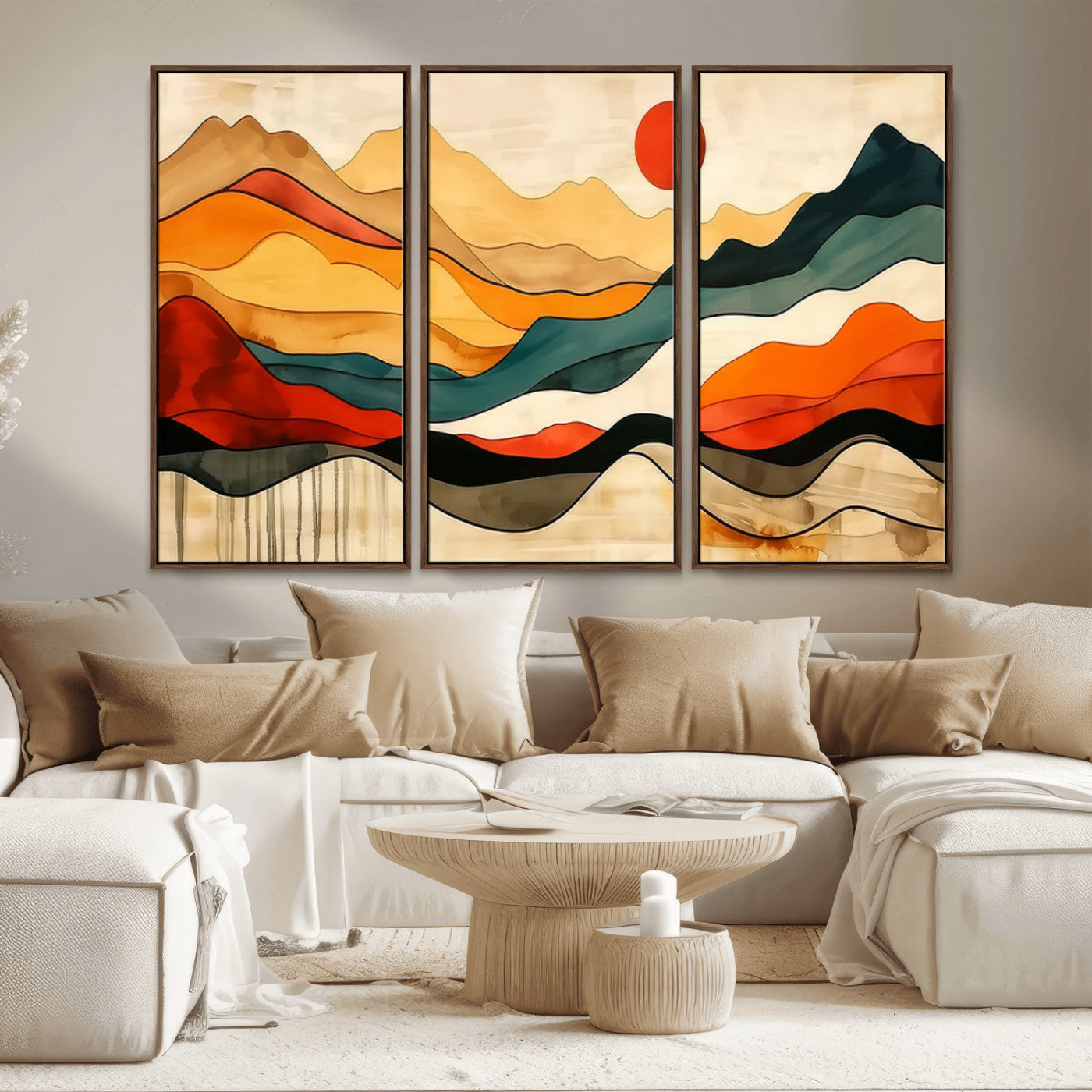 23241-MGV-FC-48X32-3P_Walnut-Mid Century Wall Art Print - Abstract Woodland Print - Modern Art Panoramic Mountain Wall Art