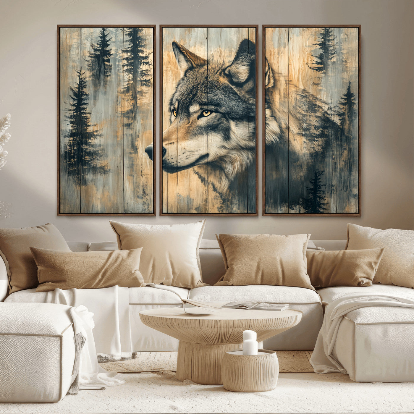 -Wood Style Rustic Wolf Wall Art Canvas Print, Vintage Woodland Wolf Wall Art, Framed Wood Style Wolf
