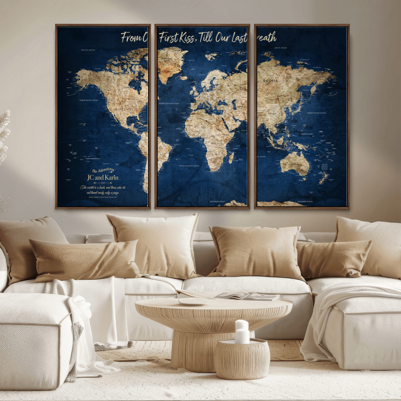 -Personalized Push Pin World Map Canvas Print – Custom Couple Travel Tracker Wall Art, Framed Anniversary Gift for Home Decor