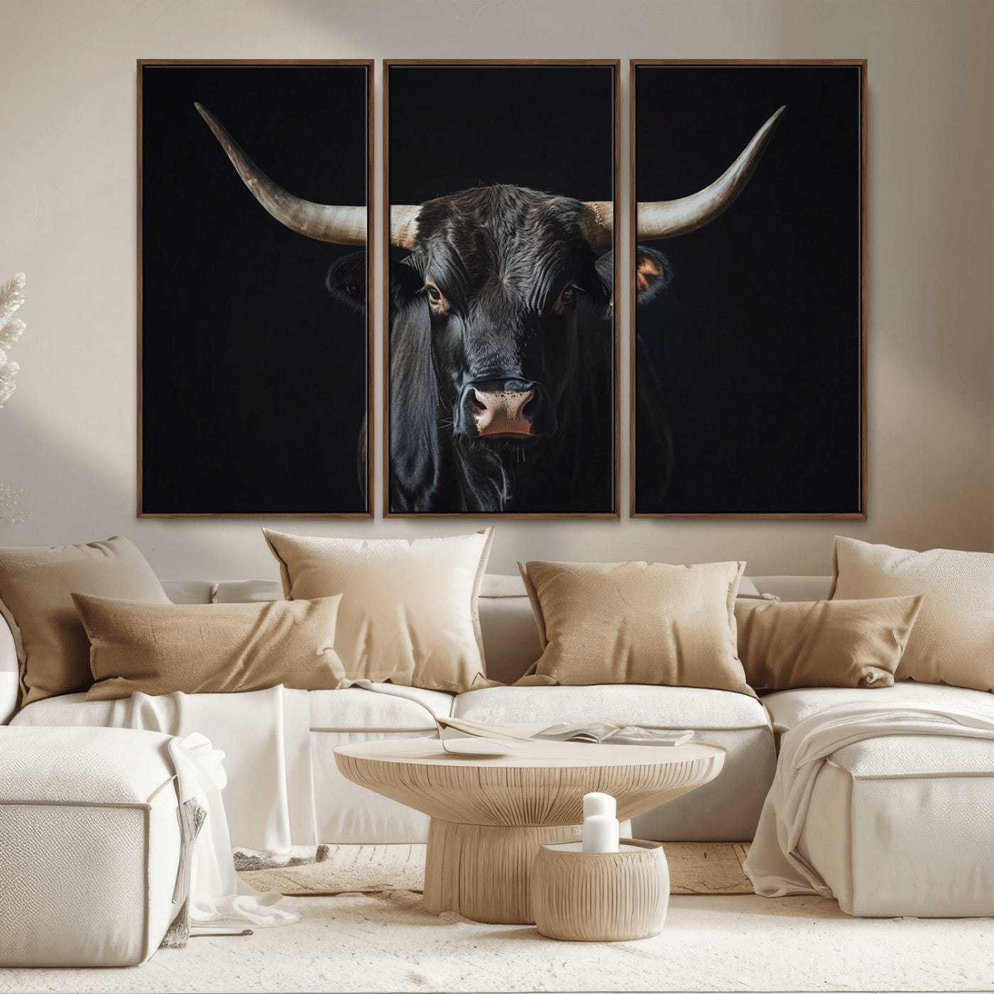 48065167-MGV-CV-36X24-Majestic Longhorn Bull Wall Art Canvas Print – Dark Background Western Ranch Portrait Artwork for Home, Office