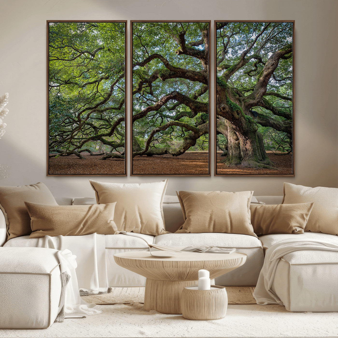 MGV-FC-48X32-3P - Ancient Oak Tree Wall Art – Canvas Print of Expansive Branches Lush Green Canopy, Tranquil Landscape, Majestic Nature Decor for Home or Office