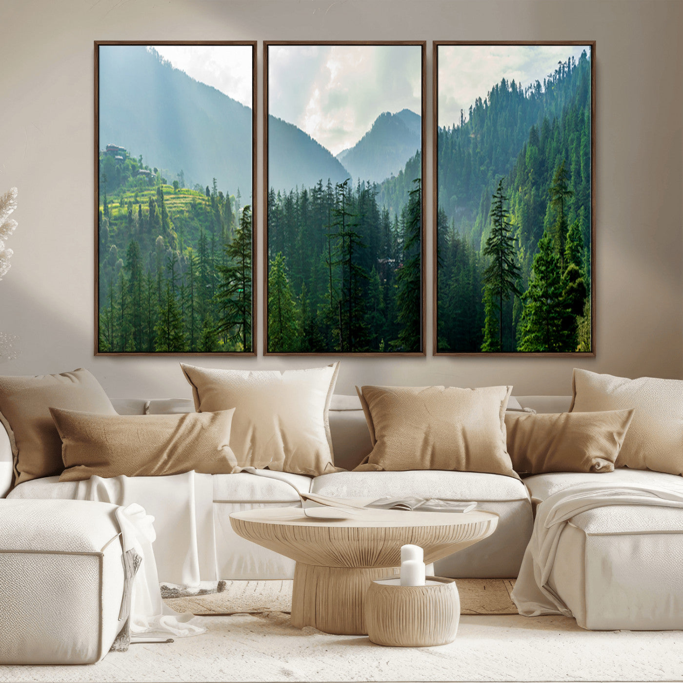 83417191-MGV-CV-36X24-Misty Forest Mountain Wall Art Canvas Print – Framed Serene Nature Scene with Tranquil Valley Artwork for Home, Office