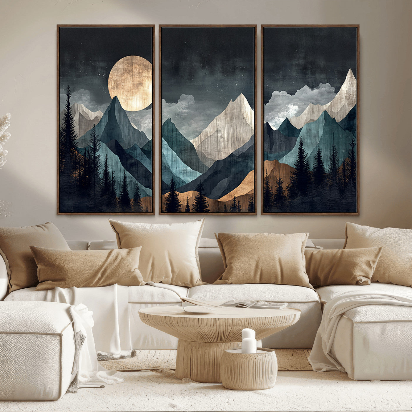 11060882-MGV-CV-36X24-Moonlit Mountain Wall Art Canvas Print – Silhouetted Pines Layered Peaks Tranquil Sky Mist Silver Light Nature Artwork for Home