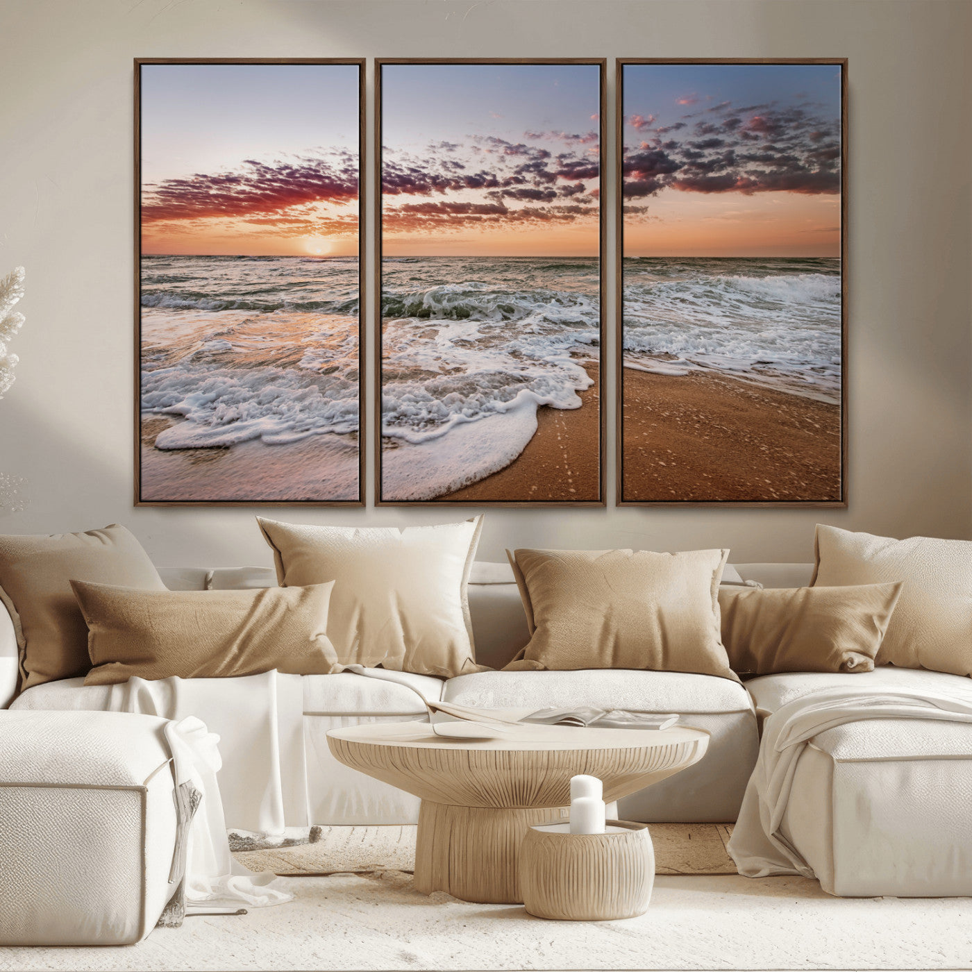 39846389-MGV-FC-48X32-3P_Walnut-Ocean Sunset Wall Art Canvas Print – Framed Sandy Shore Gentle Waves Coastal Landscape Minimalist Artwork for Home, Office