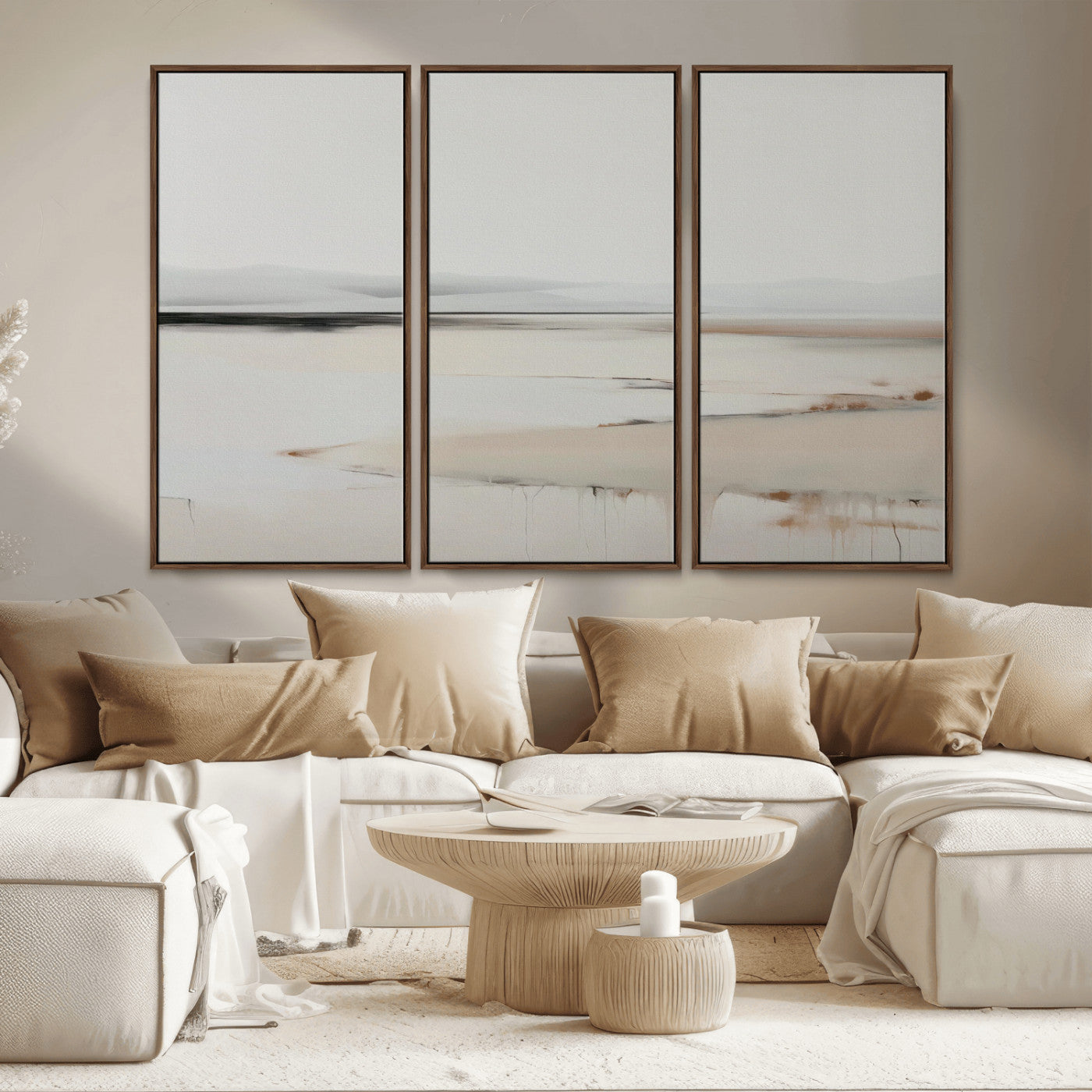 89410095-MGV-FC-48X32-3P_Walnut-Minimalist Landscape Wall Art Canvas Print – Framed Soft Horizon Abstract Seascape Earthy Tones Artwork for Home Office