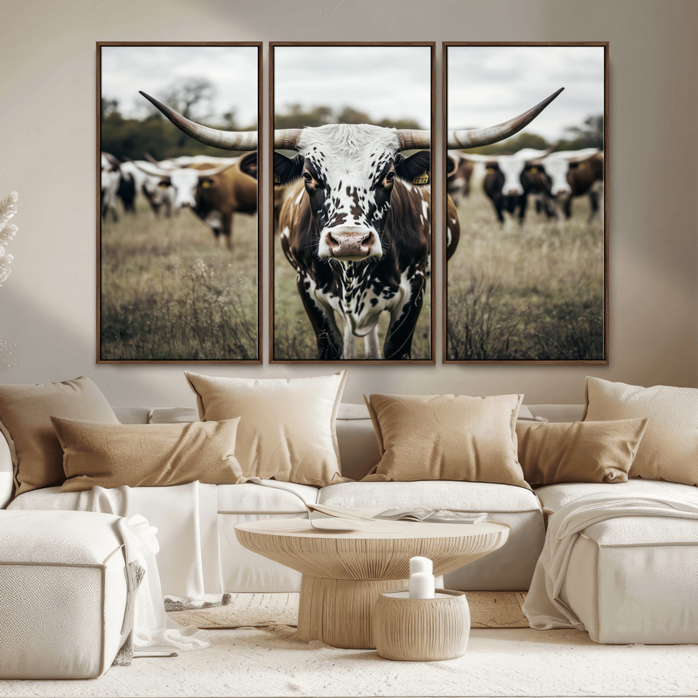 MGV-FC-48X32-3P - Majestic Longhorn Cow Wall Art – Canvas Print of Intricate Fur & Sharp Horns Earthy Tones Serene Landscape, Rustic Charm Decor for Living Room, Office or Bedroom