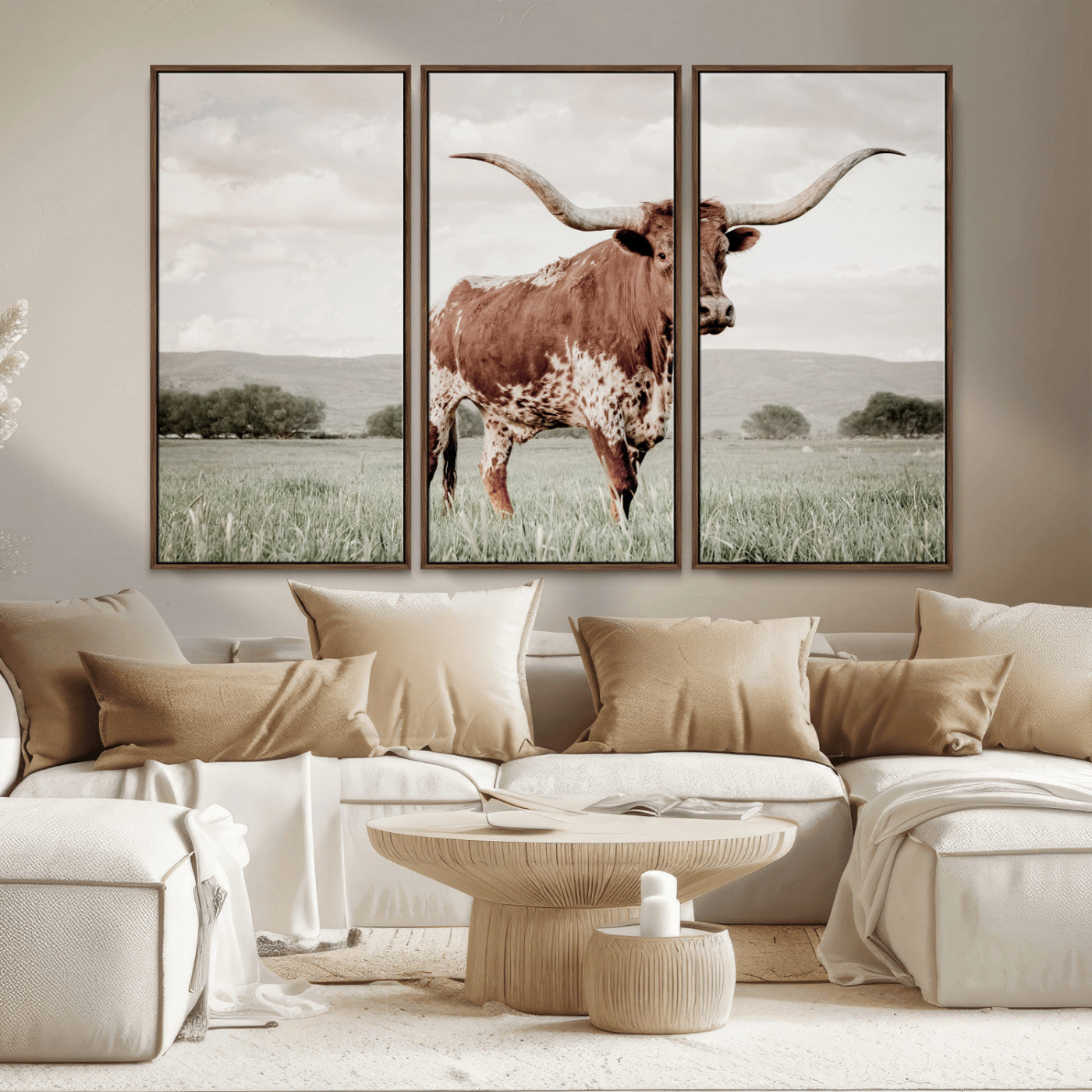 MGV-FC-48X32-3P - Texas Longhorn Wall Art Canvas Print, Framed Spotted Cattle Art Picture Print, Horned Bull Perfect Rustic Western Decor Artwork