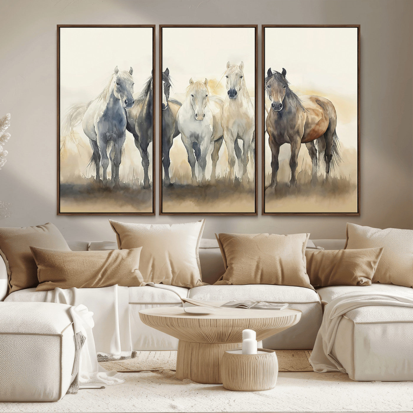 MGV-FC-48X32-3P - Wild Horses Wall Art Canvas Print, Framed Running Horses Art Picture Print, Watercolor Horses Perfect Rustic Western Decor Artwork