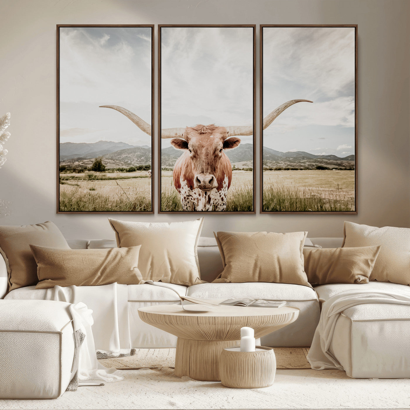 80054319-MGV-CV-36X24-Texas Longhorn Wall Art Canvas Print – Framed Western Cow Scene with Rustic Farmhouse Artwork for Home, Office