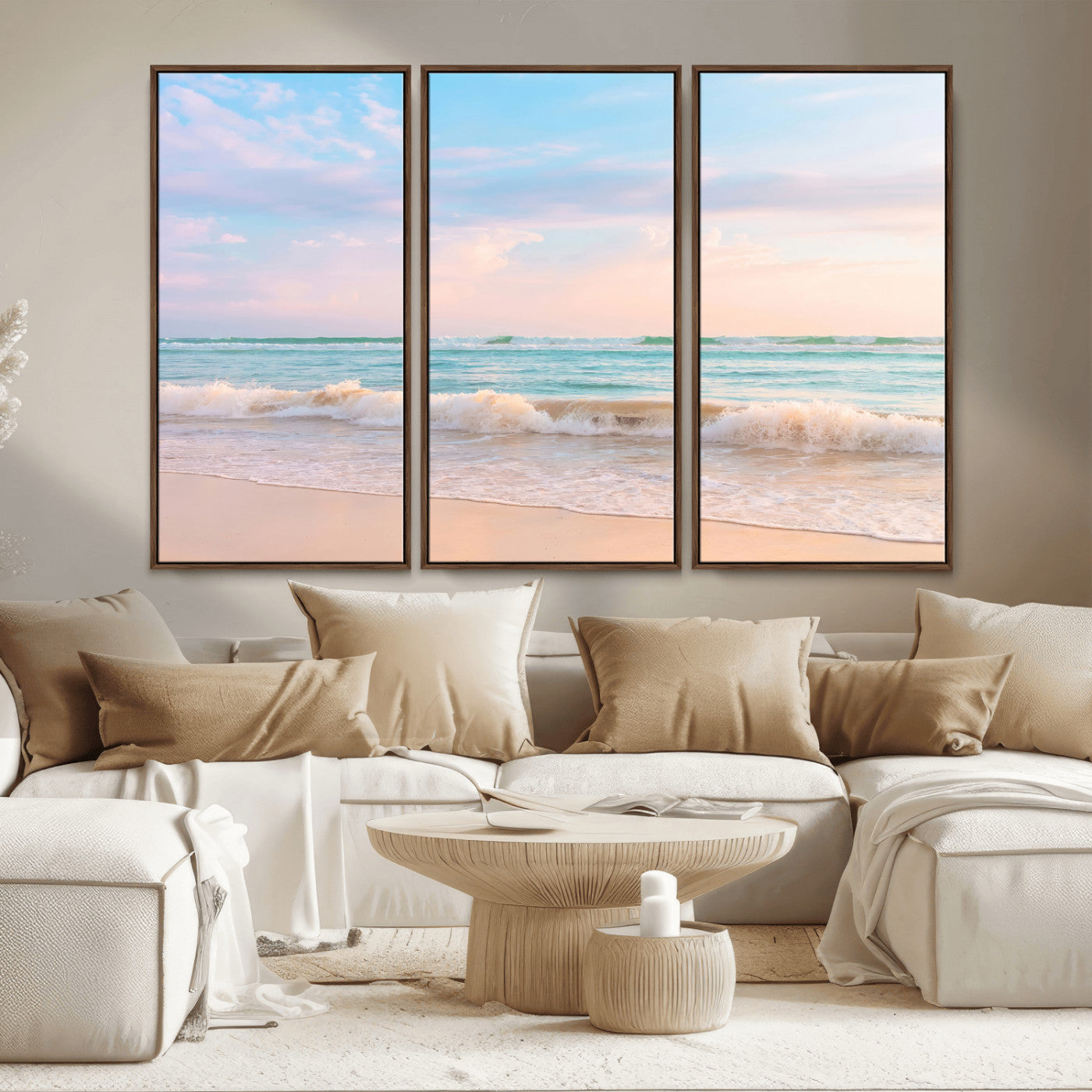 74679437-MGV-CV-36X24 - Serene Waves Wall Art – Golden Shore & Soft Pastel Sky Canvas Print, Gentle Ocean and Peaceful Sunset for Living Room or Office