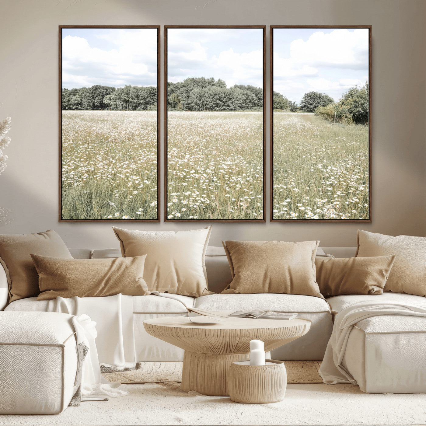 43258946-MGV-CV-36X24-Charming Daisy Field Wall Art Canvas Print – Framed Pastel Flower Meadow Bloom Scandinavian Minimal Artwork for Home Office