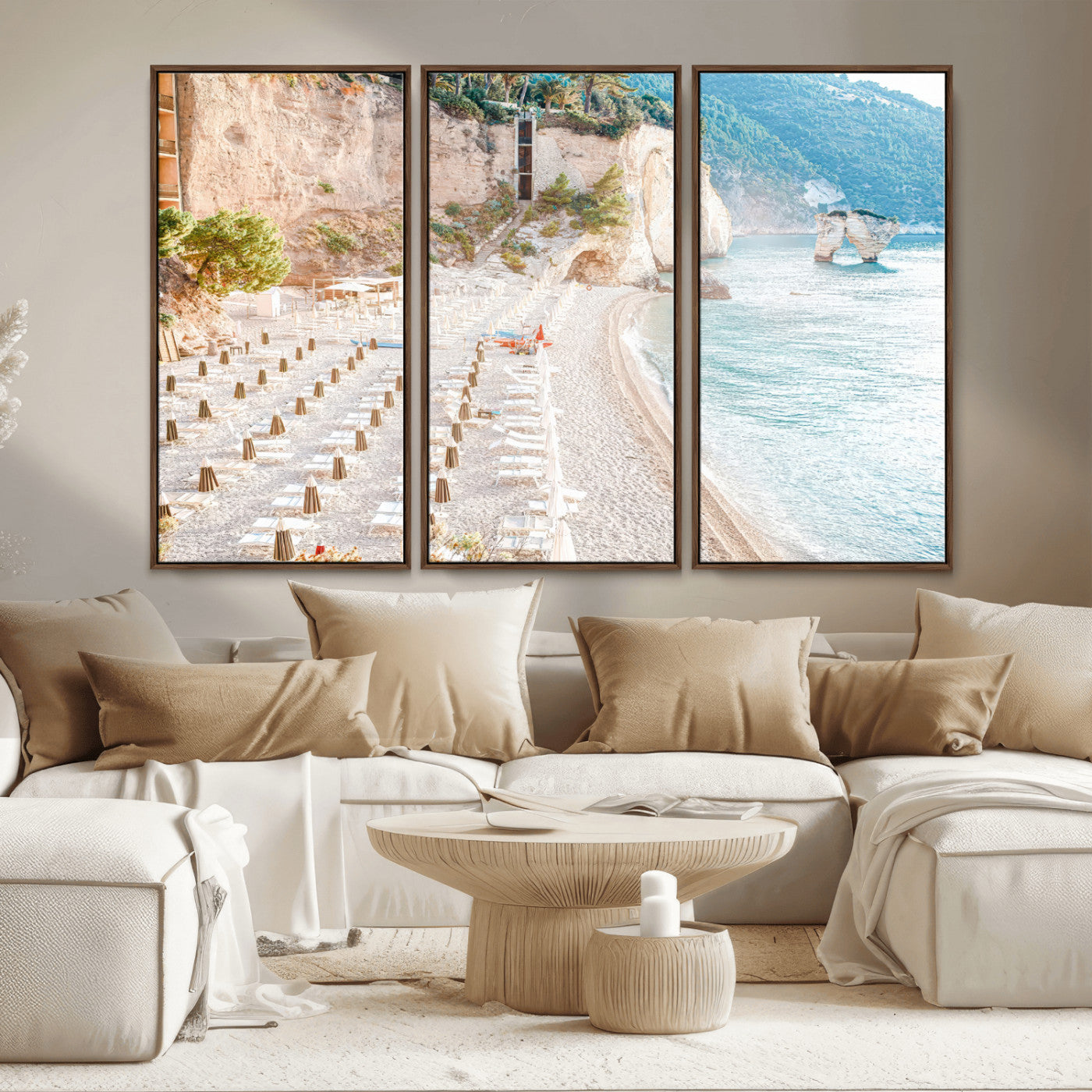 84816639-MGV-CV-36X24 - Sunny Beach Wall Art – Chairs & Umbrellas Canvas Print, Clear Water, Rocky Cliffs, Coastal Calm for Living Room or Vacation Home Decor