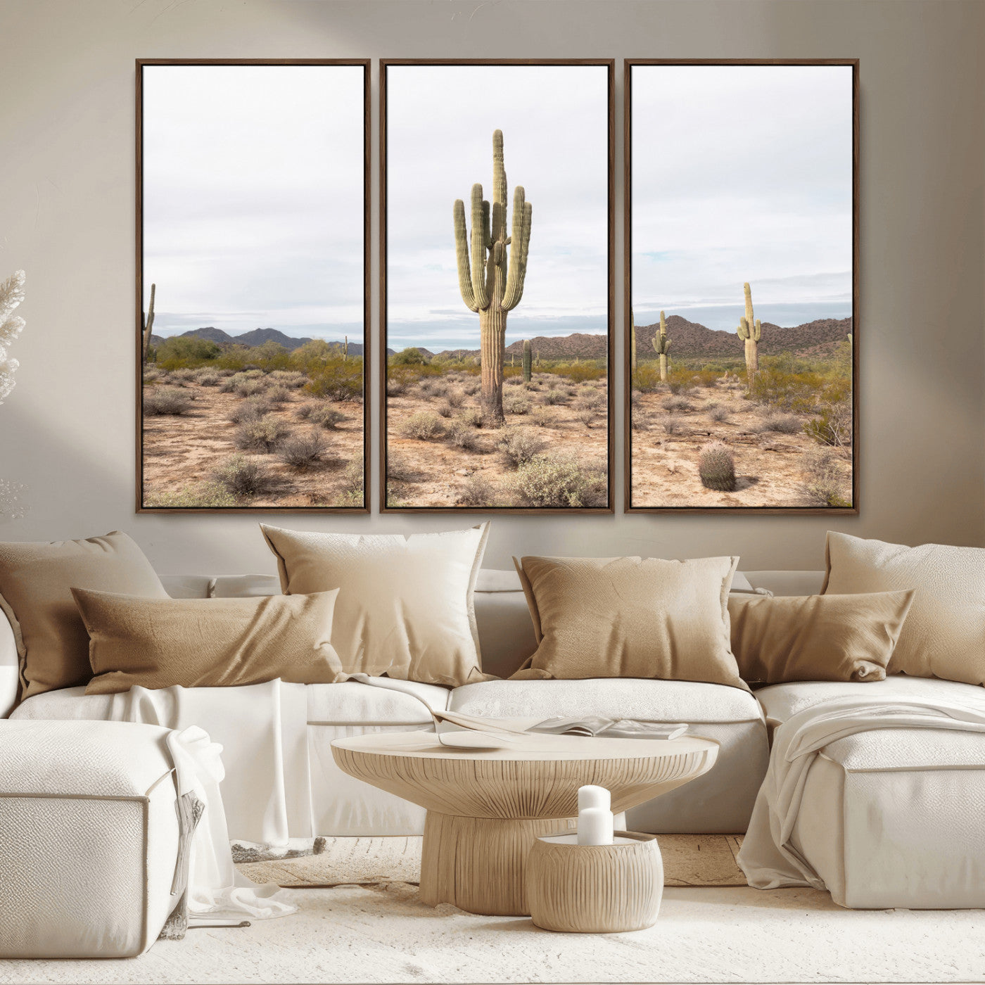 MGV-FC-48X32-3P - Saguaro Cactus Wall Art Canvas Print, Framed Desert Cactus Art Picture Print, Earthy Desert Perfect Southwestern Boho Decor Artwork