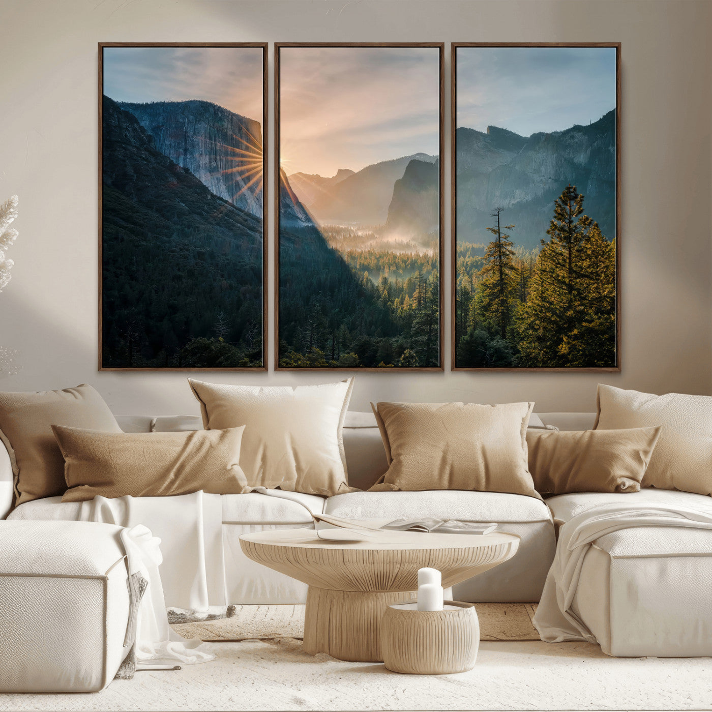 51605481-MGV-CV-36X24 - Yosemite Valley Wall Art – Misty Forest Peaks Canvas Print, Radiant Light, Tranquil Nature Landscape for Living Room or Cabin Decor
